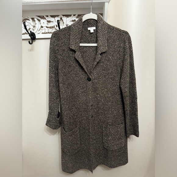 J. Jill Sweaters - J. Jill Long Cardigan Soft Brown Tweed 1 Button Hidden Snap Close Pockets Size S